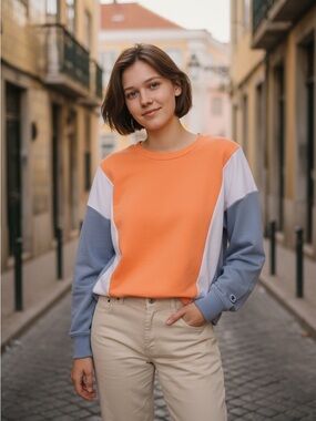 Colorblock Crewneck Sweatshirt - Orange/Gray/White
